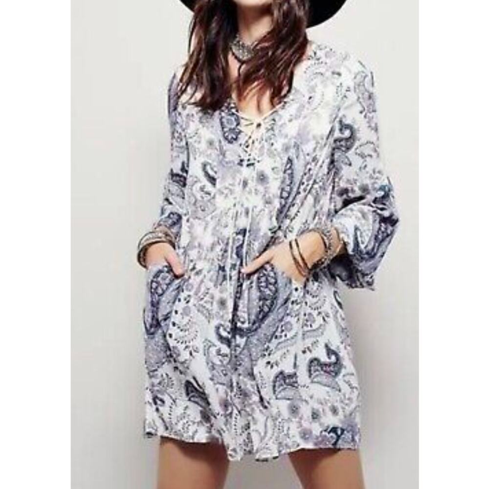 Free People Rain Or Shine Lace up Mini Dress Ivory Comb sz Small  $128